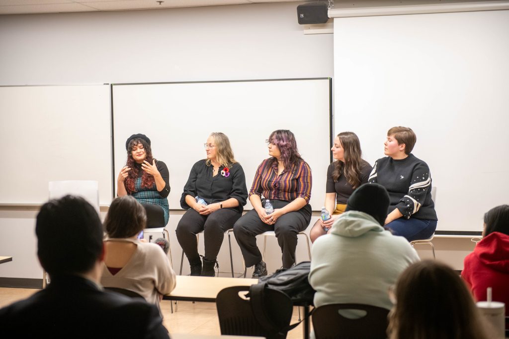 Maria Blanco, Jenny Campbell, Diana Blanco, Madison McArthur, and Haley Boros sit in a row sharing wisdom for What to do with your arts degree panel