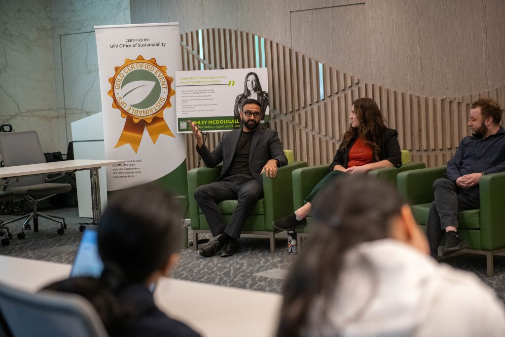 Tony Dhaliwal, Jen Martel, and Alec Zinman sit talking about jobs in sustainability.