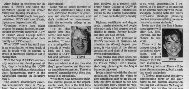 Newspaper article announcing the formation of the UFV alumni association