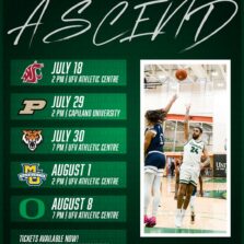 Promotional poster for exhibition games between UFV men's basketball and various NCAA teams during the summer of 2026.
