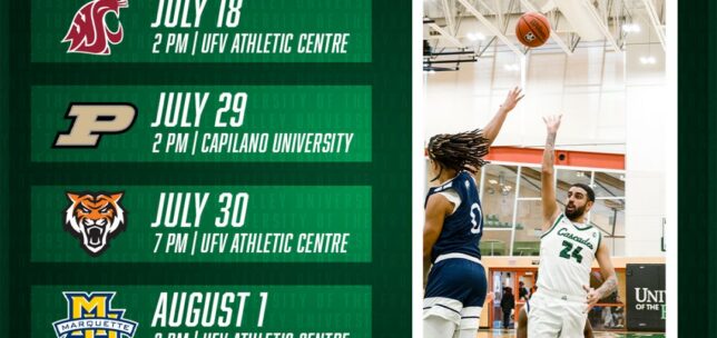 Promotional poster for exhibition games between UFV men's basketball and various NCAA teams during the summer of 2026.