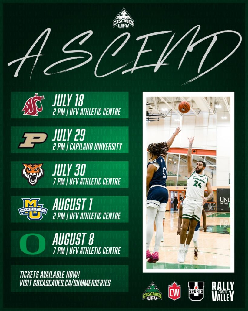 Promotional poster for exhibition games between UFV men's basketball and various NCAA teams during the summer of 2026.