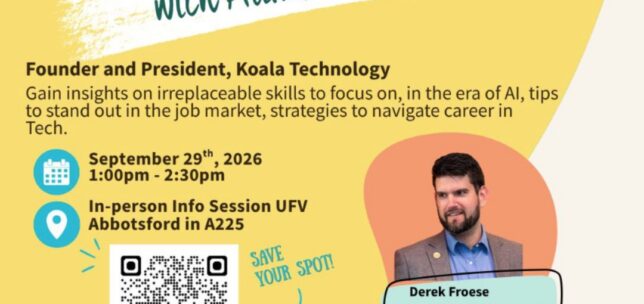 Promotional poster for industry career prep event with UFV alum, Derek Froese